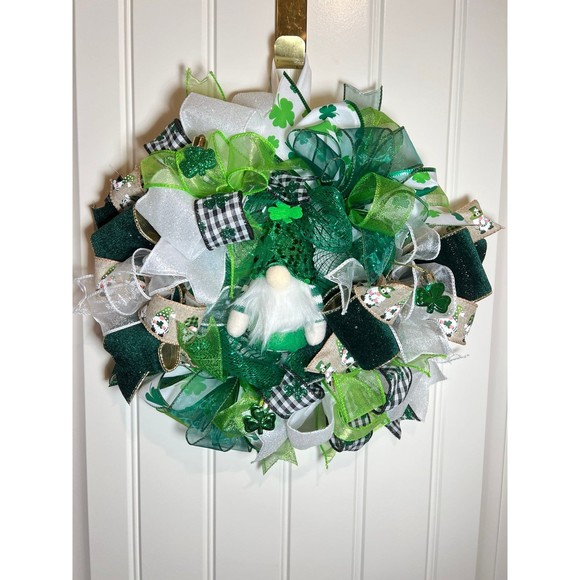 13” St. Patrick’s Day Ribbon Wreath Gnomes : Green & White Handmade MW10 - Picture 8 of 10